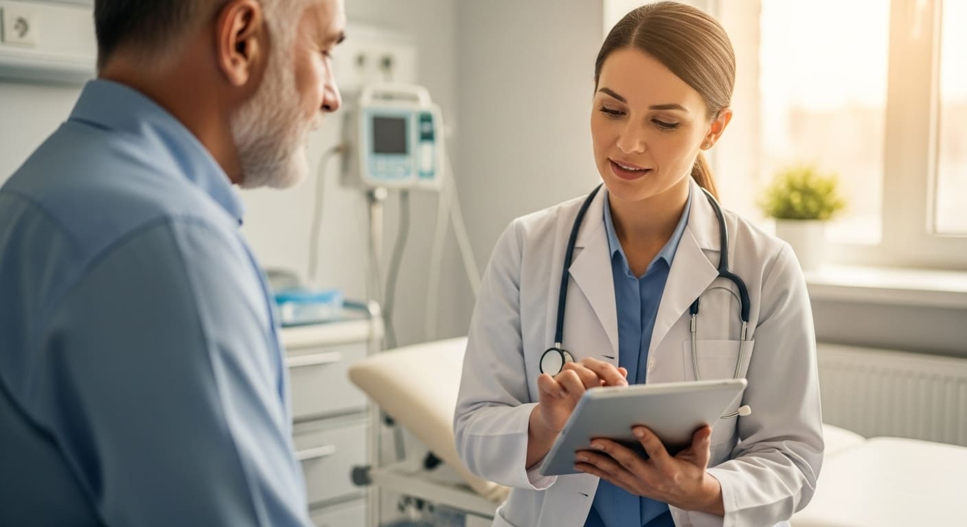 Médico usando tablet en consulta