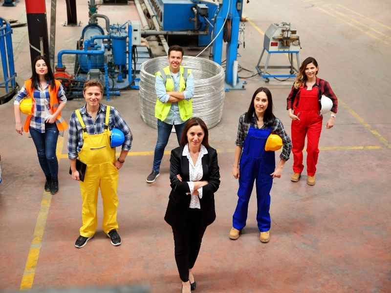 Grupo de jóvenes técnicos y una supervisora en una planta industrial, representando programas de formación técnica dentro de la empresa.