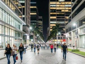 Una avenida moderna en Ciudad de Guatemala de noche, con iluminación LED de alta intensidad (25 luxes), personas caminando tranquilamente y edificios de oficinas con ventanales iluminados al fondo. Estilo fotográfico profesional, arquitectura limpia.