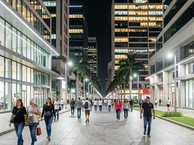 Una avenida moderna en Ciudad de Guatemala de noche, con iluminación LED de alta intensidad (25 luxes), personas caminando tranquilamente y edificios de oficinas con ventanales iluminados al fondo. Estilo fotográfico profesional, arquitectura limpia.