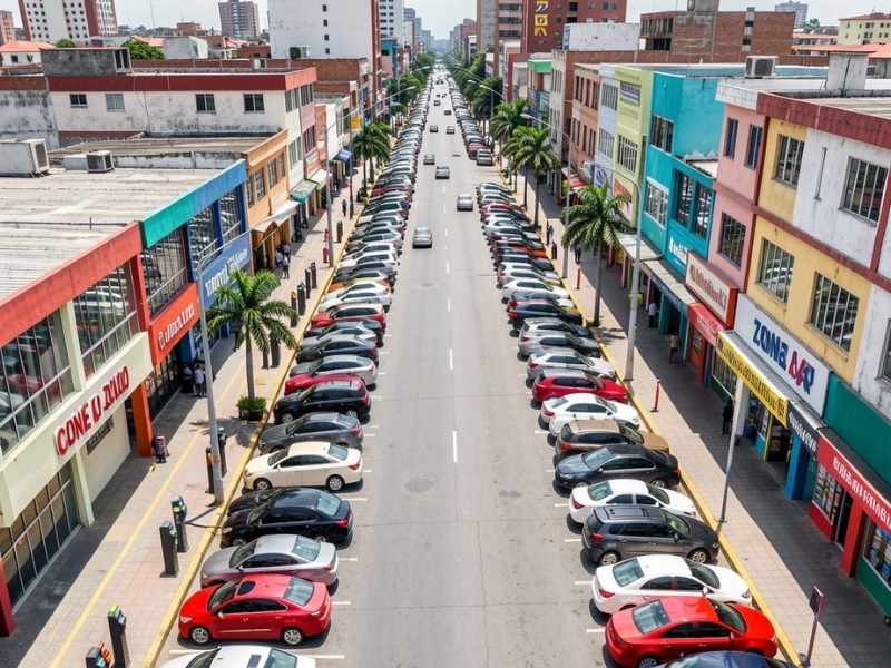 Una vista aérea de una calle comercial vibrante en Ciudad de Guatemala (Zona 4 o Zona 10) con una fila ordenada de autos estacionados y parquímetros modernos. Luz de día, estilo profesional y urbano.