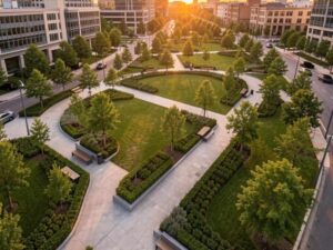 Vista aérea de un parque urbano mantenido, con senderos claros, bancos modernos y vegetación podada que permite visibilidad total. Luz de atardecer, ambiente corporativo y seguro.