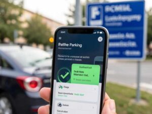Un primer plano de un smartphone mostrando una aplicación de pago de parqueo electrónico, con un vehículo y un letrero municipal de fondo desenfocado. Enfoque tecnológico y empresarial.