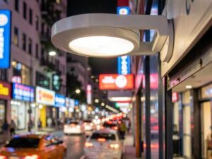 Detalle de una luminaria inteligente en un distrito financiero de Centroamérica, con un fondo desenfocado de actividad comercial nocturna vibrante que irradia la seguridad percibida por las personas alrededor