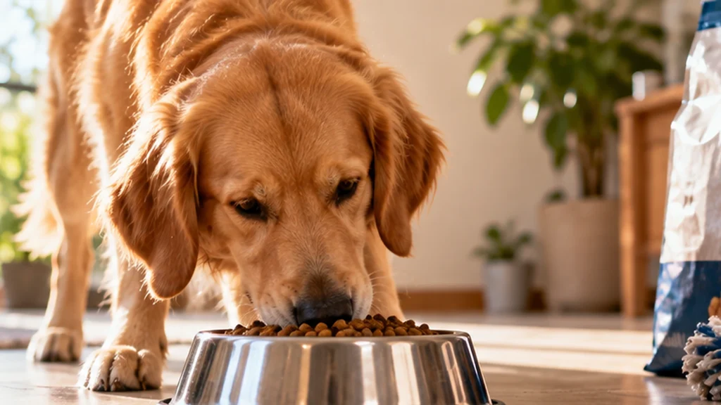 Perro golden retriever comiendo croquetas de un recipiente metálico en casa, como parte de una rutina de alimentación especializada para perros.