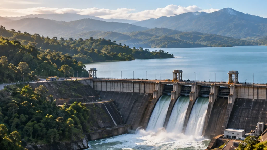 Central hidroeléctrica rodeada de montañas, bosques y un embalse.