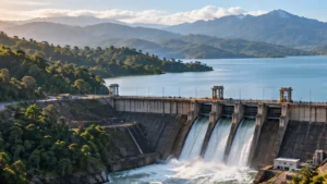 Central hidroeléctrica rodeada de montañas, bosques y un embalse.