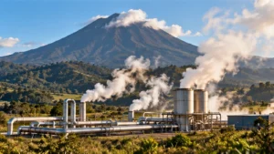 Instalación de generación geotérmica con tuberías industriales, vapor y un volcán al fondo.