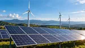 Paneles fotovoltaicos y aerogeneradores en un entorno montañoso.