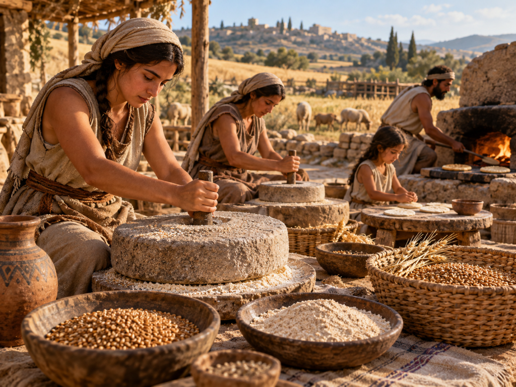 Personas moliendo cereales con herramientas de piedra y preparando panes planos en una comunidad antigua.
