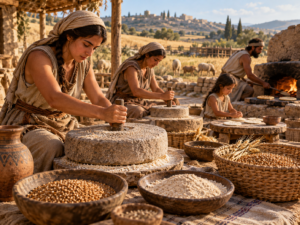 Personas moliendo cereales con herramientas de piedra y preparando panes planos en una comunidad antigua.