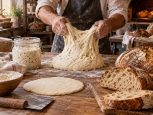 Panadero trabajando una masa fermentada junto a un recipiente de masa madre y panes artesanales recién horneados.