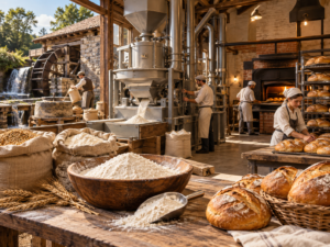 Molino de harina mecanizado junto a una panadería donde se elaboran panes con técnicas artesanales.